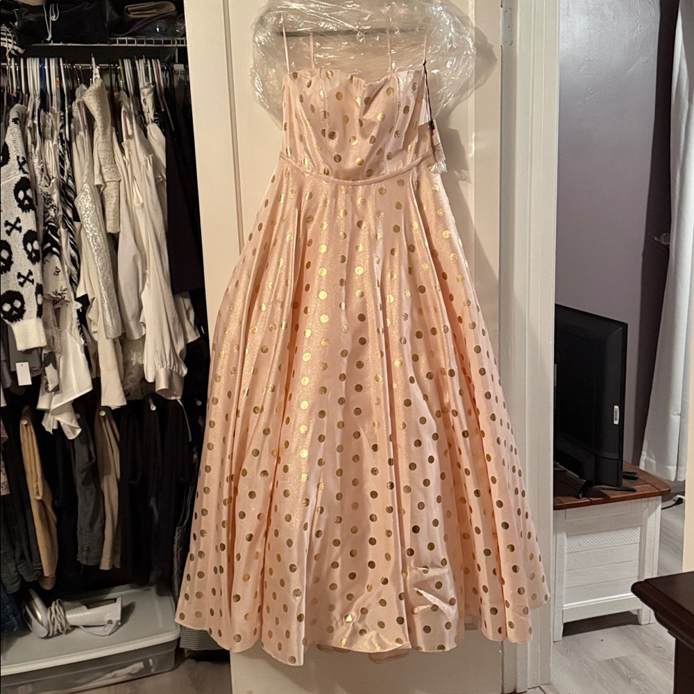 NEW MAC DUGGAL SZ 12 LIGHT PINK POLKA DOTS BALL GOWN WITH POCKETS - Picture 7 of 9